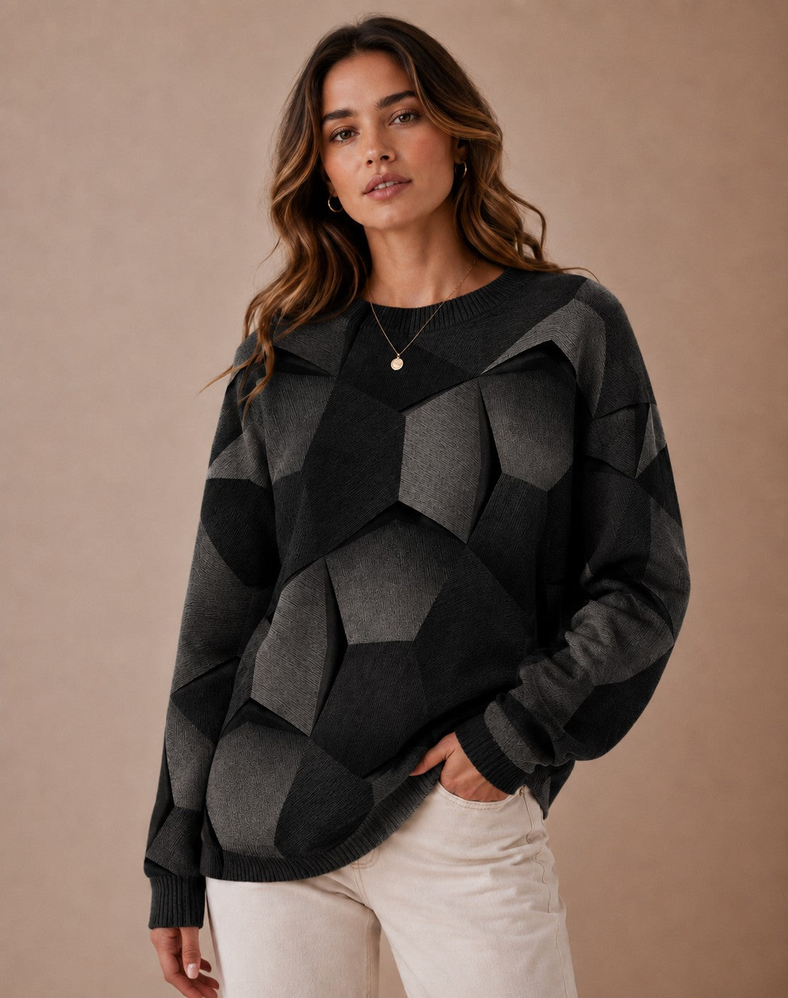 Women's Long Sleeve Sweater with Geometric Knit Pattern