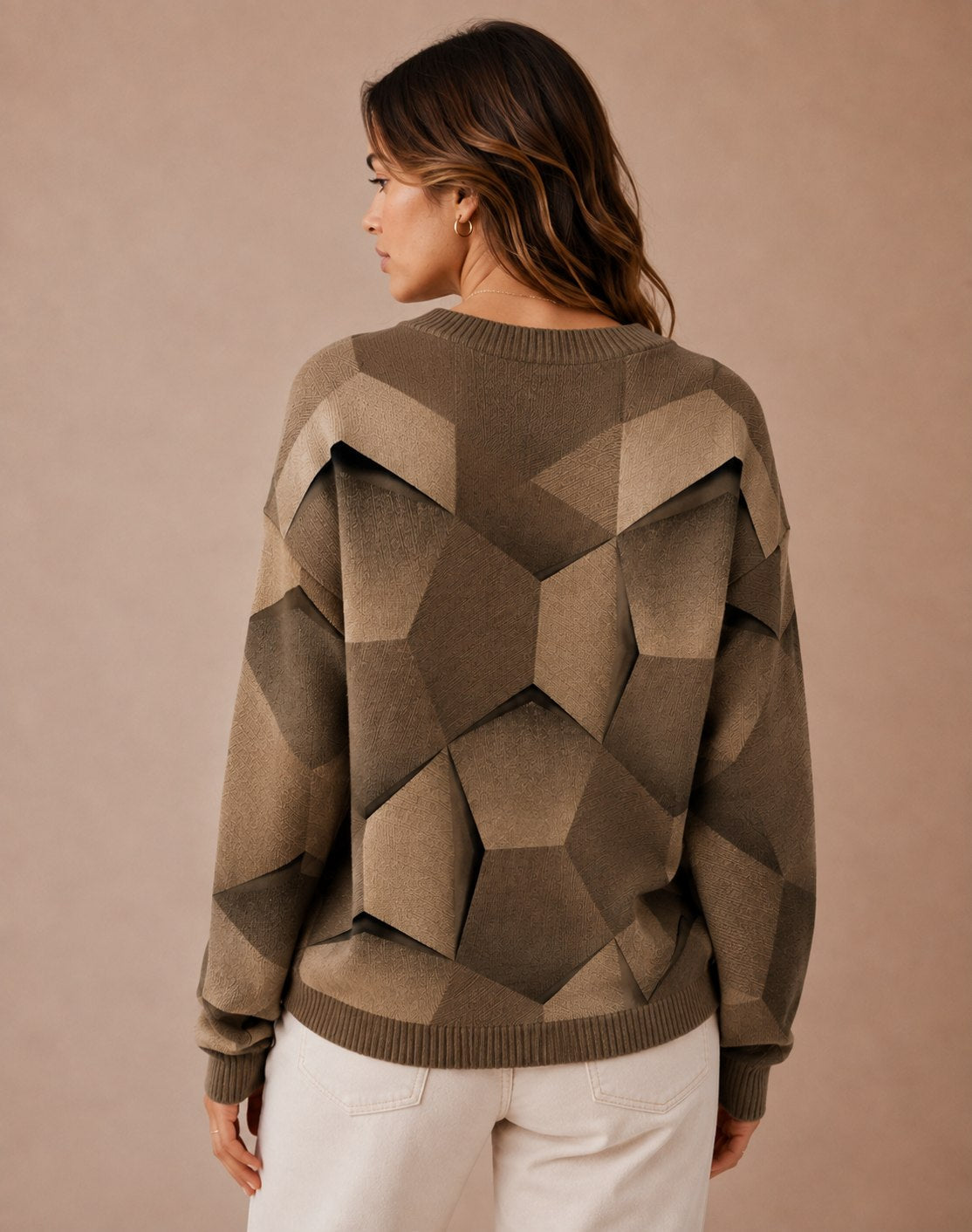 Women's Long Sleeve Sweater with Geometric Knit Pattern