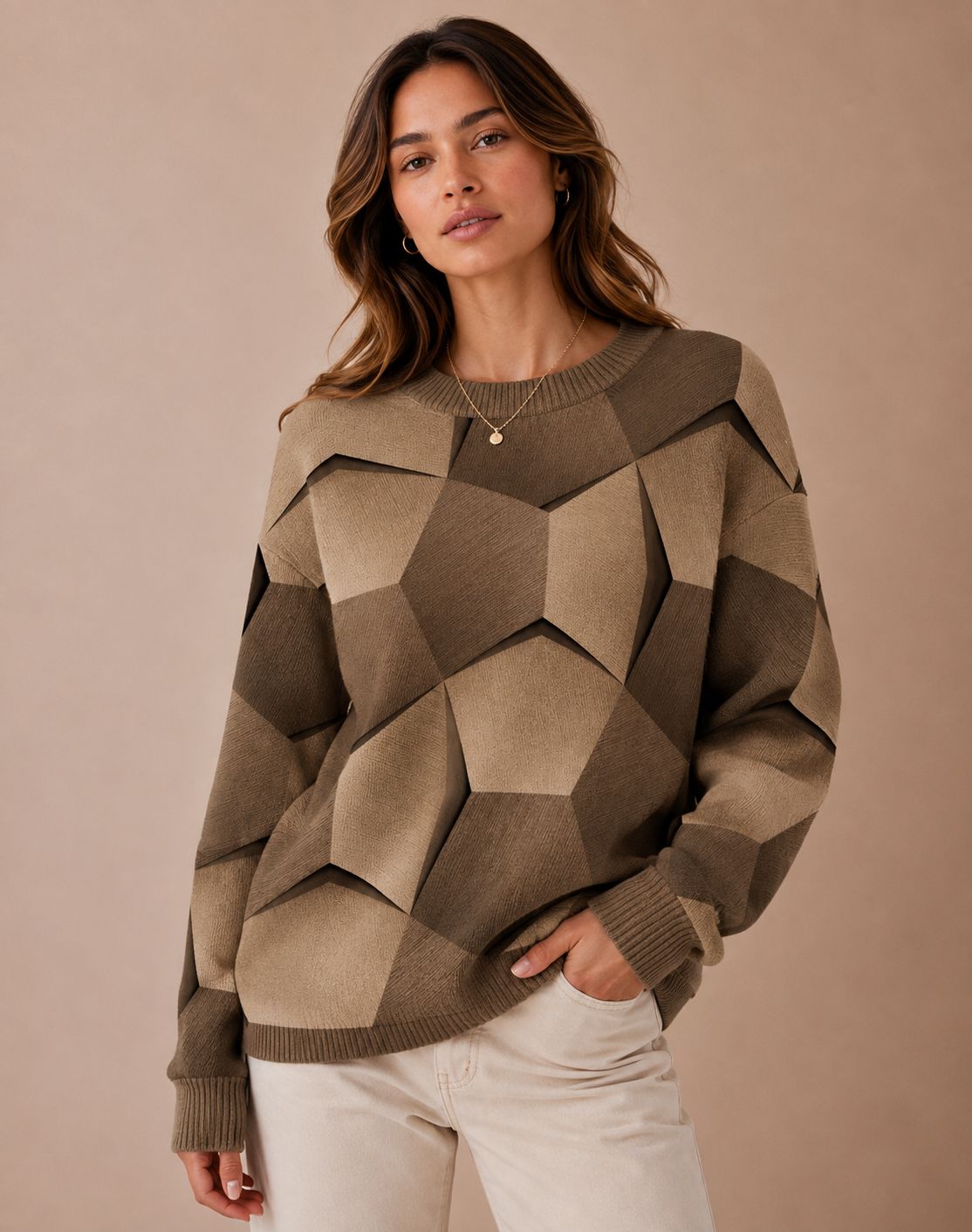 Women's Long Sleeve Sweater with Geometric Knit Pattern