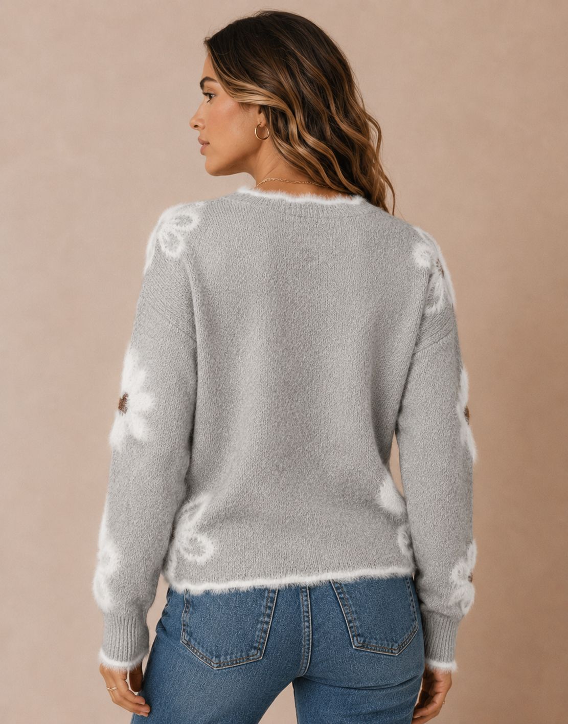 Women's Floral Knit V-Neck Sweater