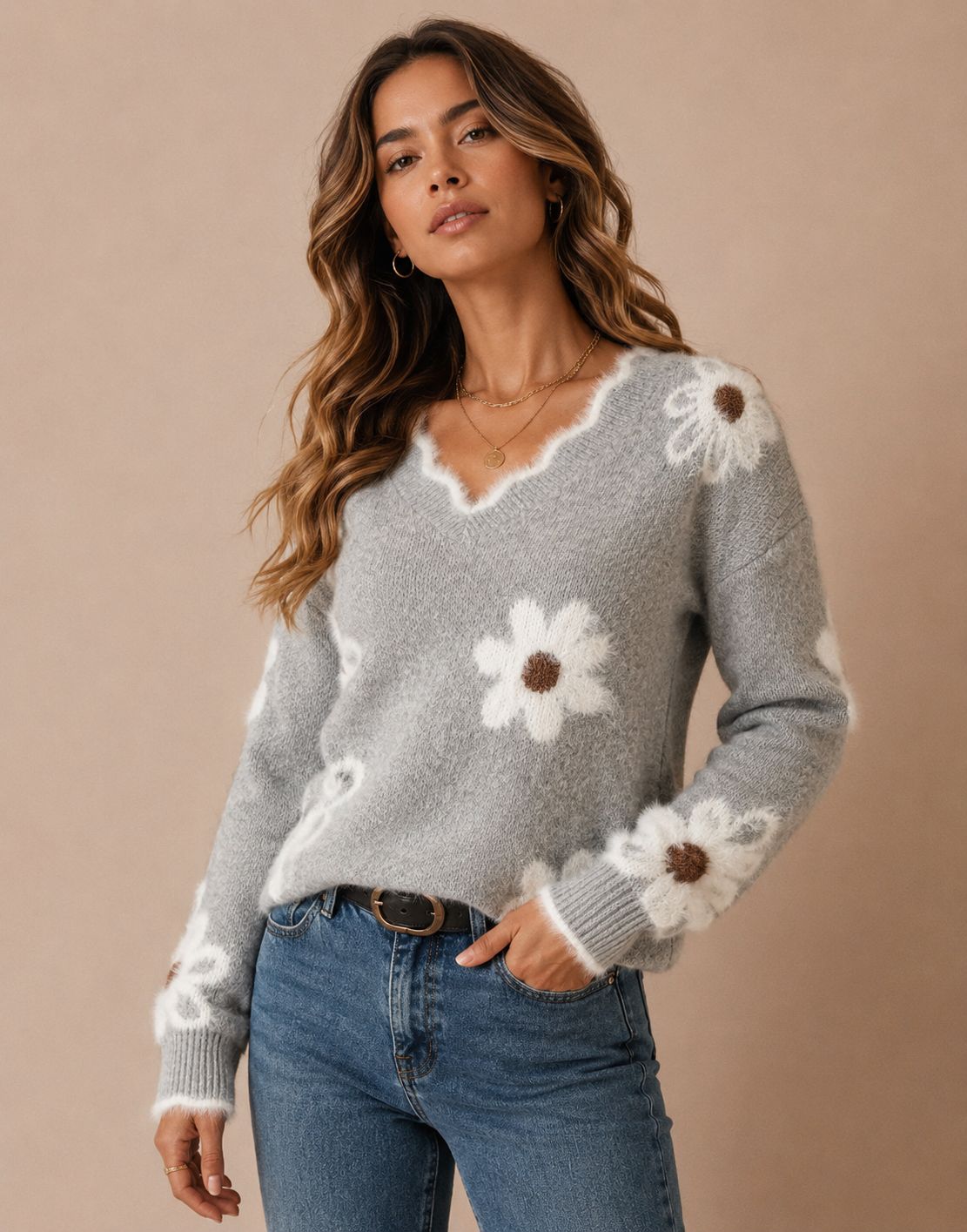Women's Floral Knit V-Neck Sweater