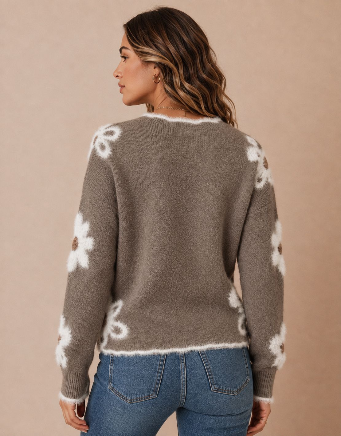 Women's Floral Knit V-Neck Sweater