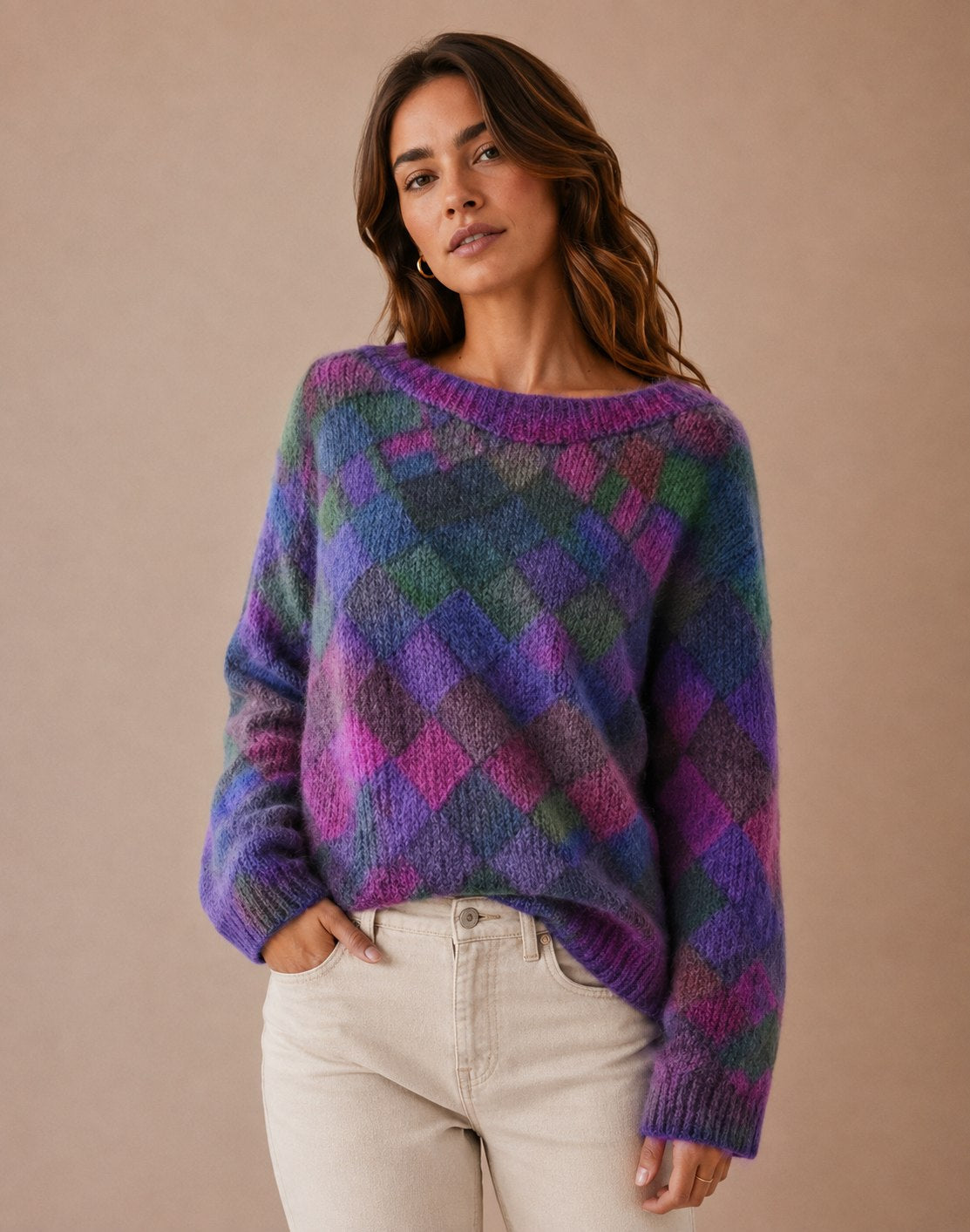 Women's Relaxed Sweater with Diamond Pattern Knit