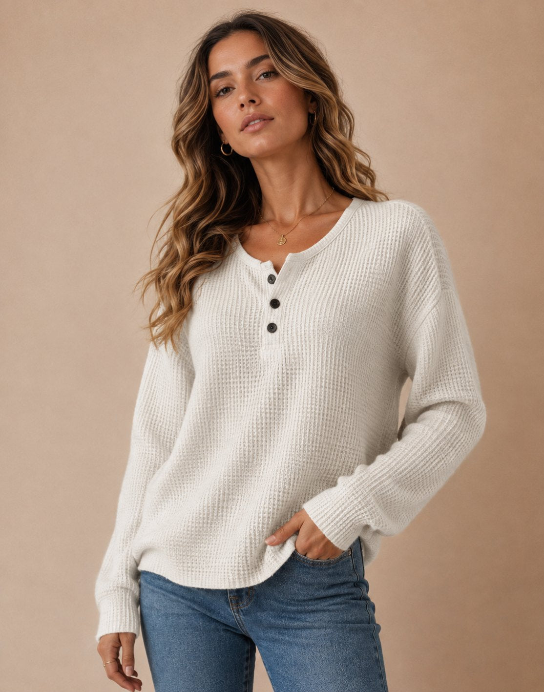 Women's Waffle Knit Henley Sweater