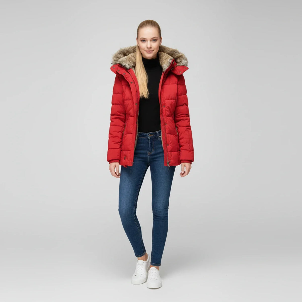 Women's Quilted Puffer Jacket with Hood and Faux Fur Trim