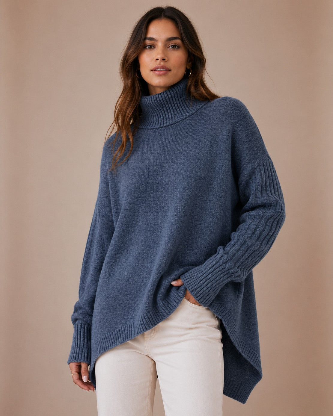 Women's Longline Turtleneck Sweater in Ribbed Knit
