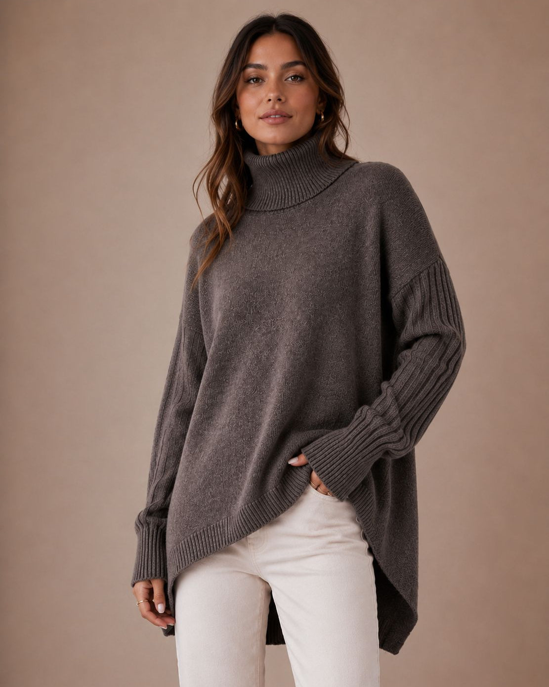 Women's Longline Turtleneck Sweater in Ribbed Knit