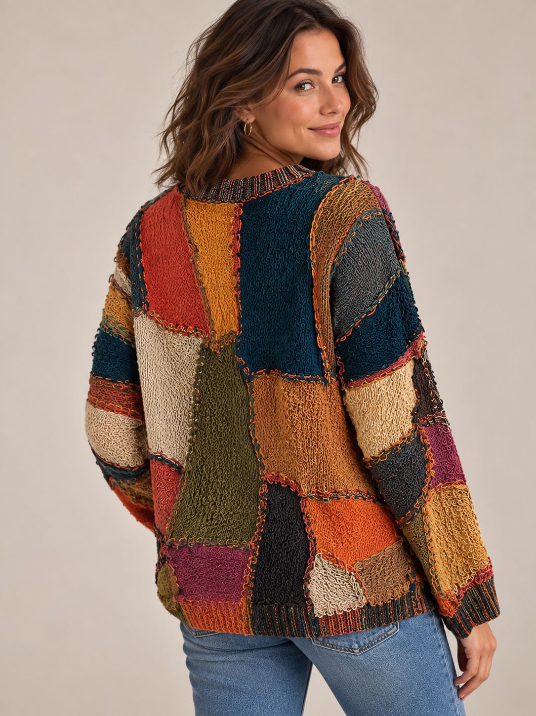 Patchwork Cat Face Sweater - Crew Neck with Long Sleeves