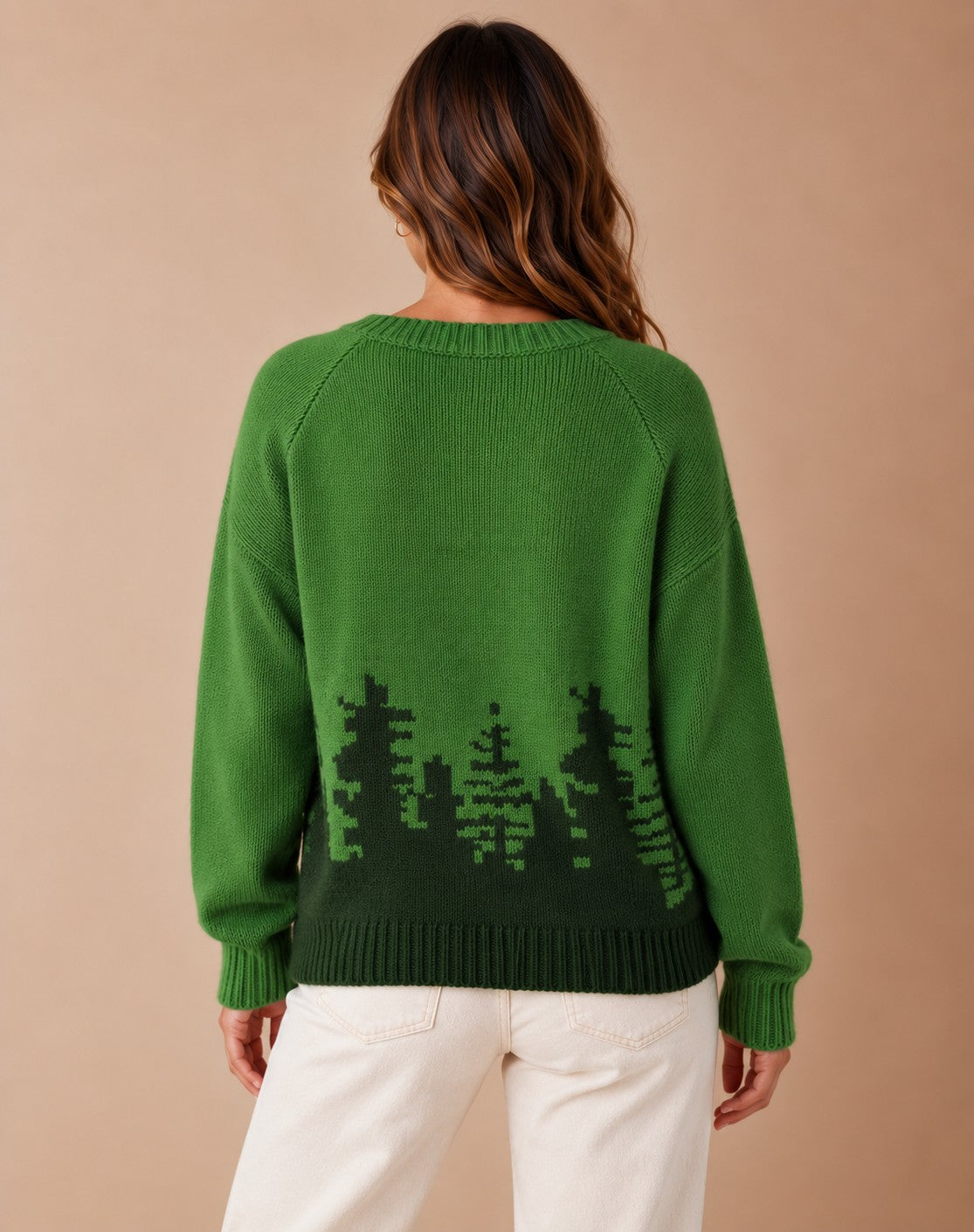 Women's Forest Print Knit Round Neck Sweater