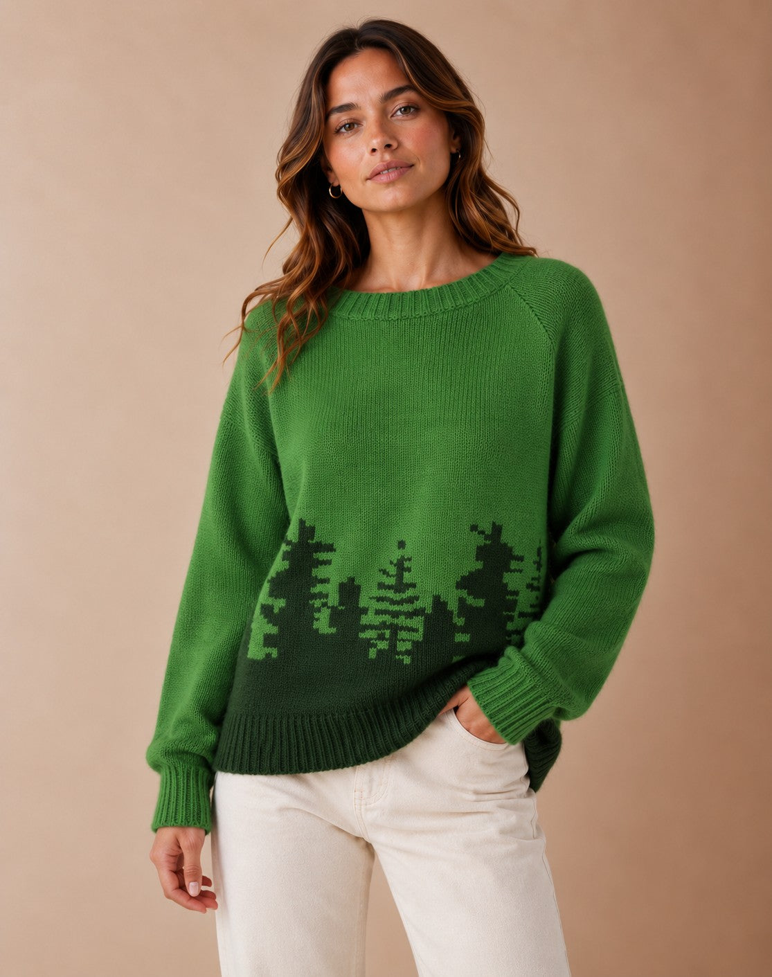 Women's Forest Print Knit Round Neck Sweater