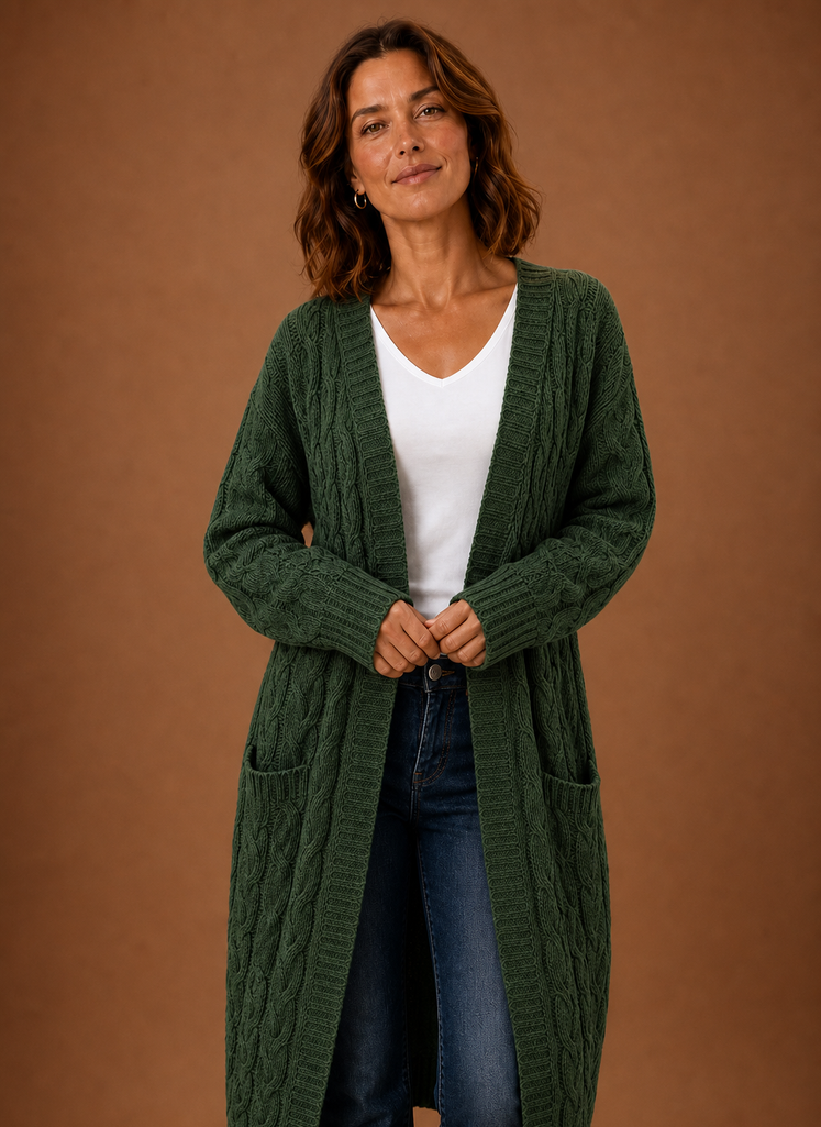 Women's Chunky Cable Knit Hooded Long Cardigan Duster
