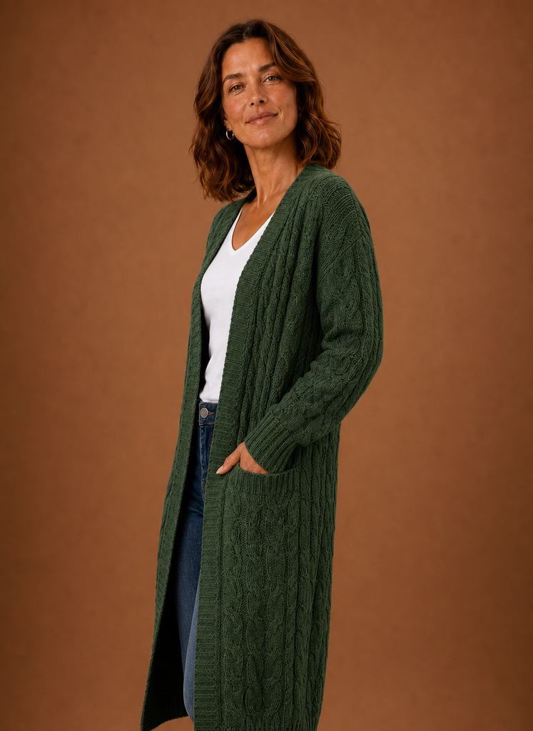 Women's Chunky Cable Knit Hooded Long Cardigan Duster