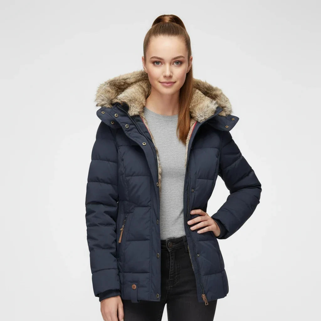Women's Quilted Puffer Jacket with Hood and Faux Fur Trim