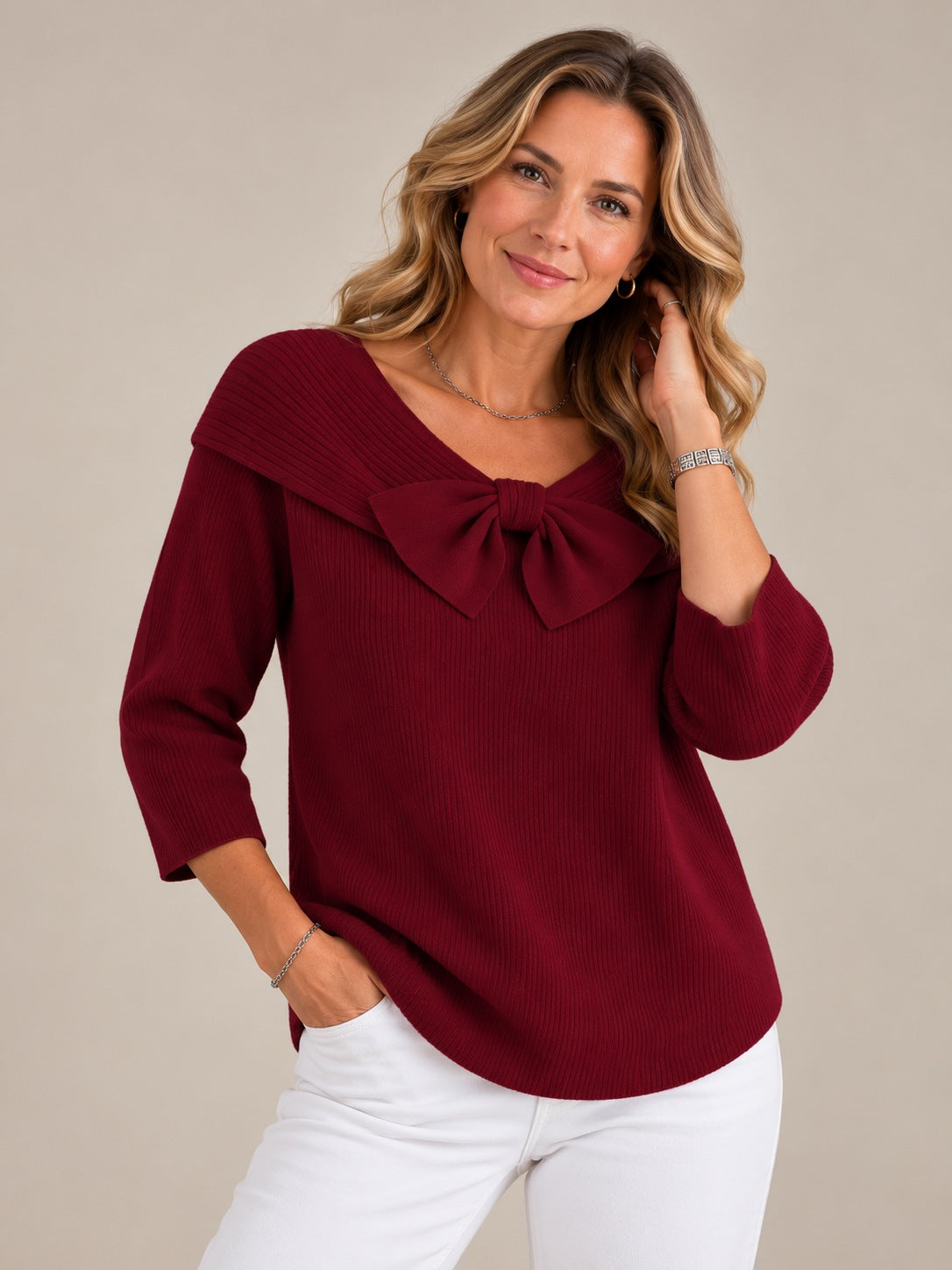 Elegant Bow Detail Fitted Sweater — Women's Knit Top