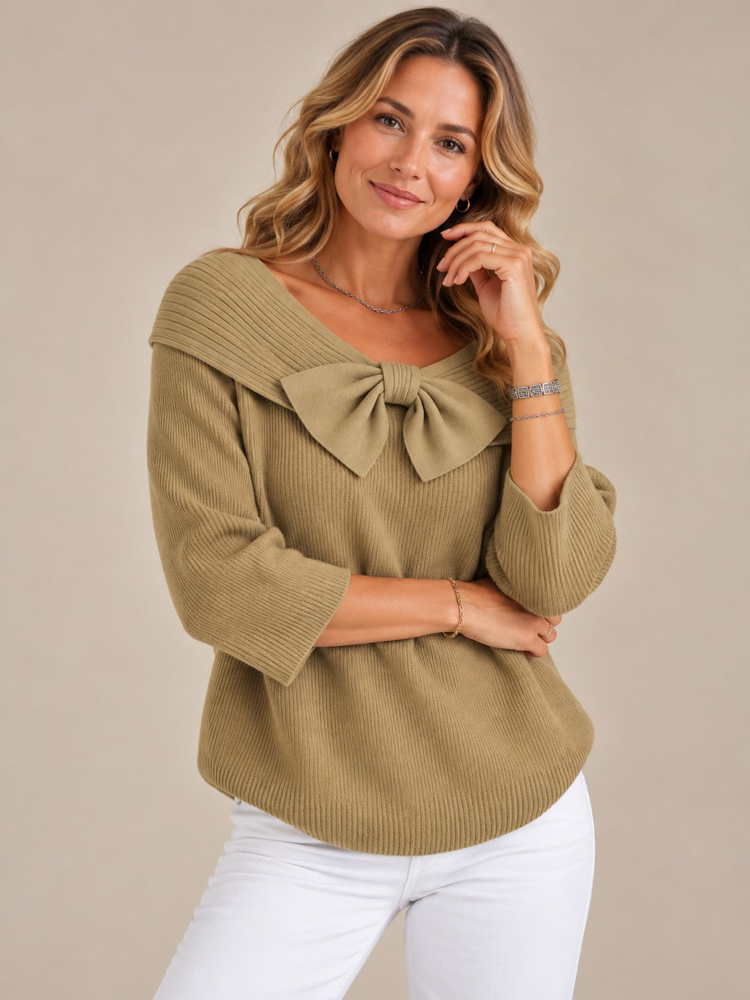 Elegant Bow Detail Fitted Sweater — Women's Knit Top