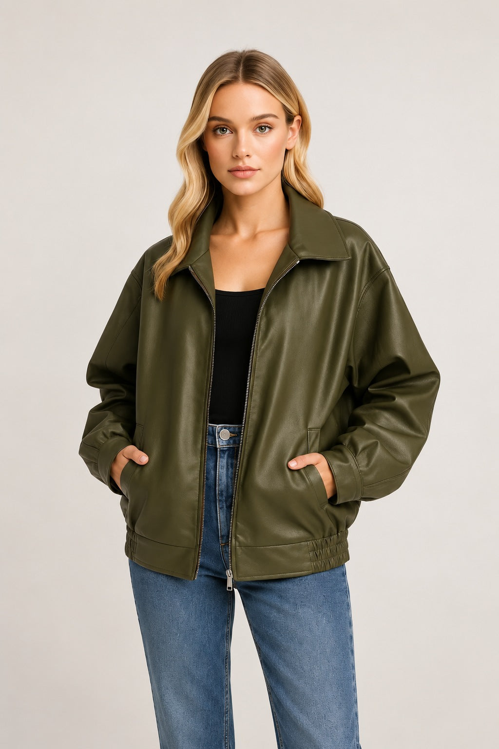 Women's Oversized Faux Leather Jacket - Zip-Up Street Style