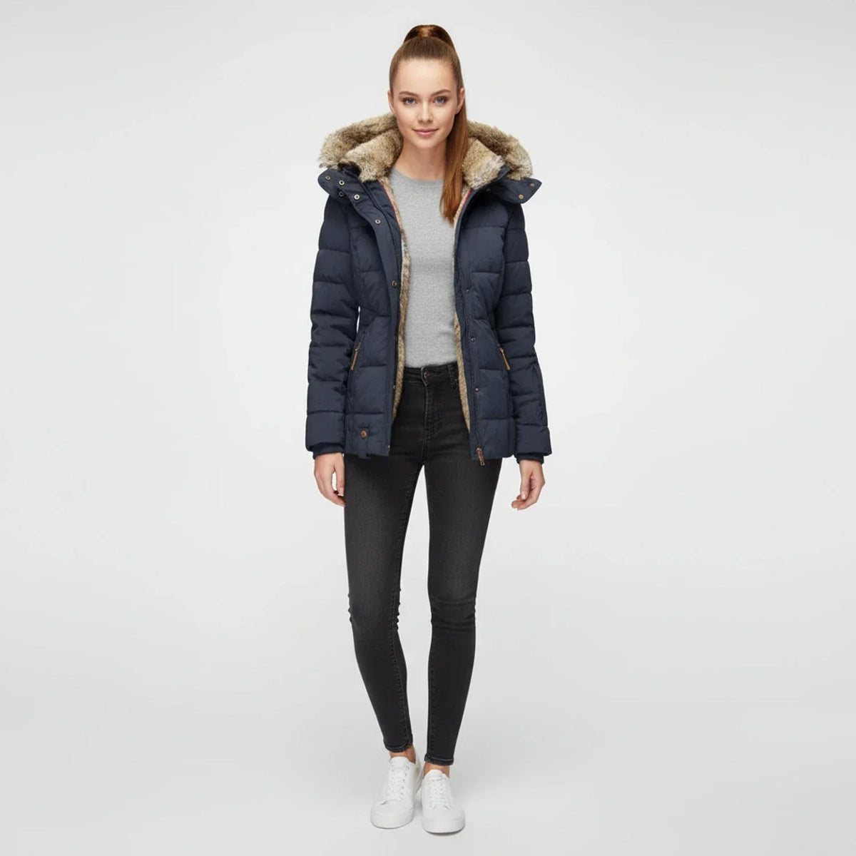 Women's Quilted Puffer Jacket with Hood and Faux Fur Trim