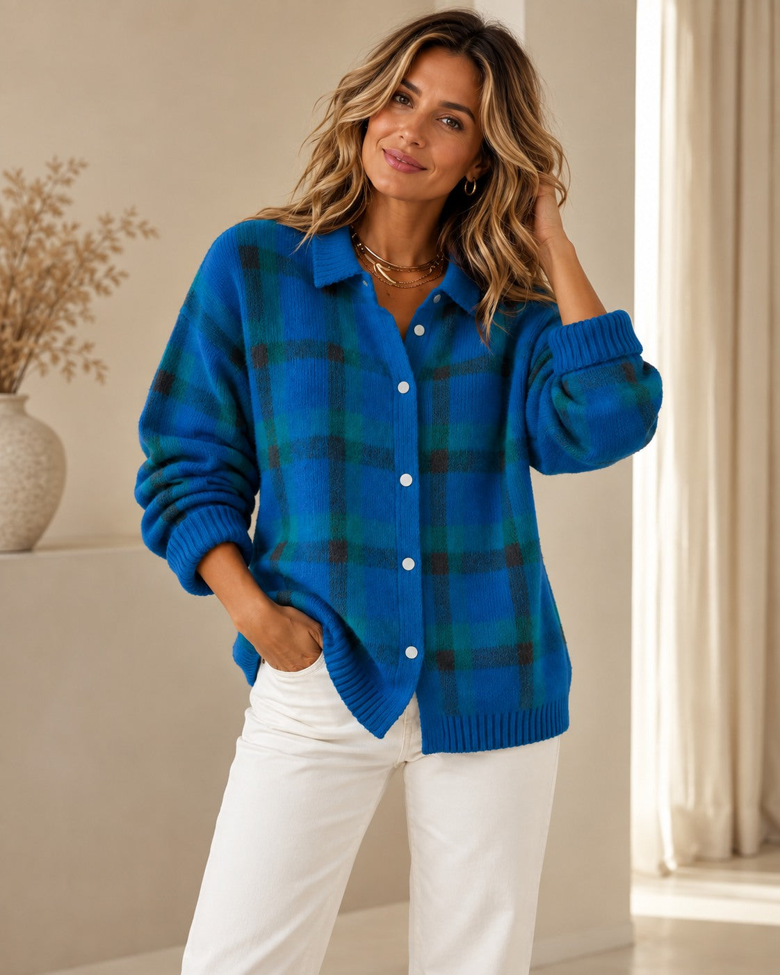 Plaid Knit Cardigan Vest for Women — Retro Checkered Design