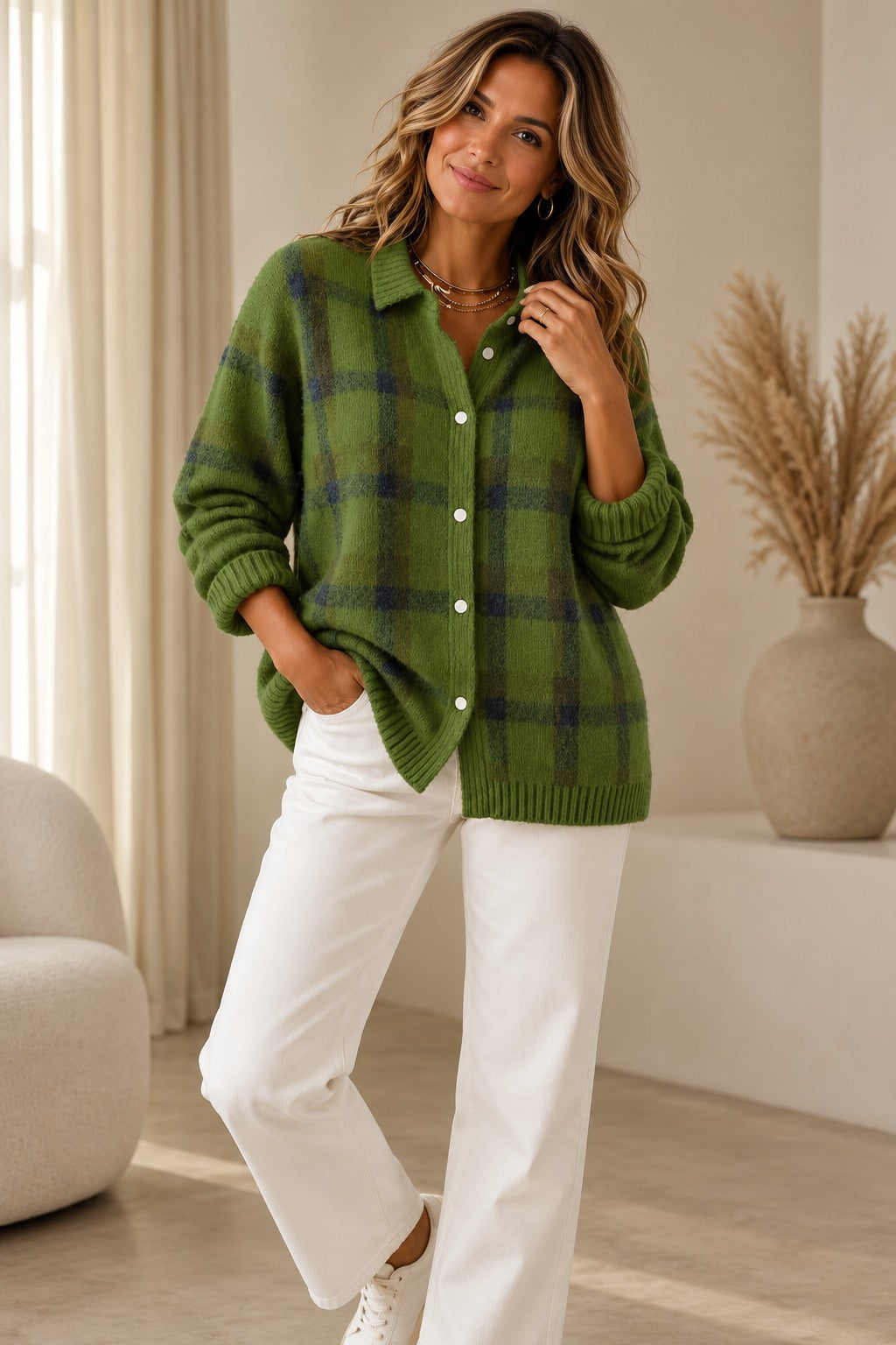 Plaid Knit Cardigan Vest for Women — Retro Checkered Design