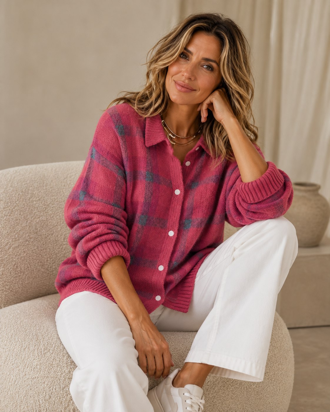Plaid Knit Cardigan Vest for Women — Retro Checkered Design