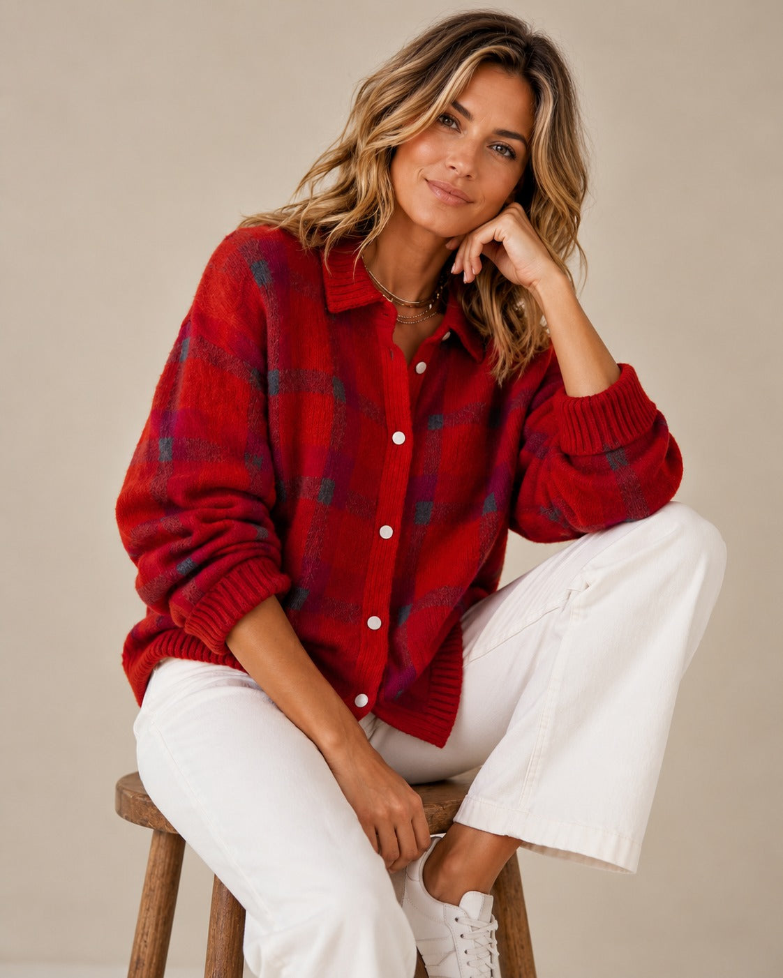 Plaid Knit Cardigan Vest for Women — Retro Checkered Design