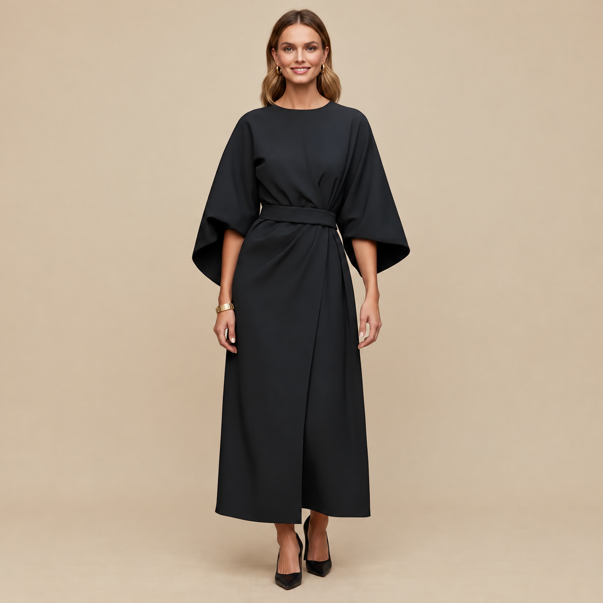 Clara Midi Dress — Draped Waist — square gallery photo — en-p2-m0