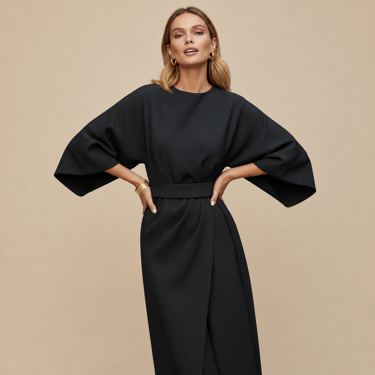 Clara Midi Dress — Draped Waist — square gallery photo — en-p2-m1