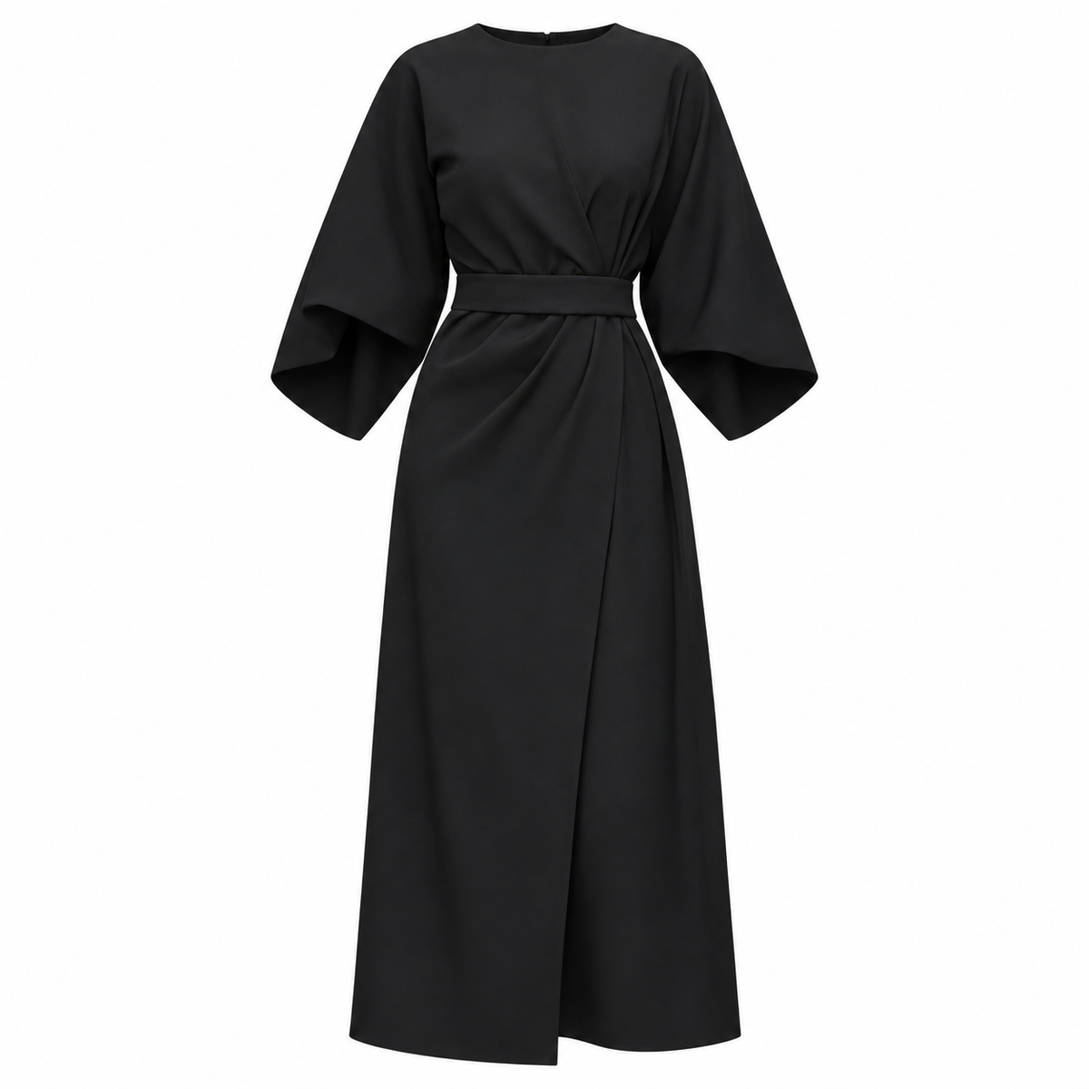 Clara Midi Dress — Draped Waist — Black — product only on white background — en-p2-m21