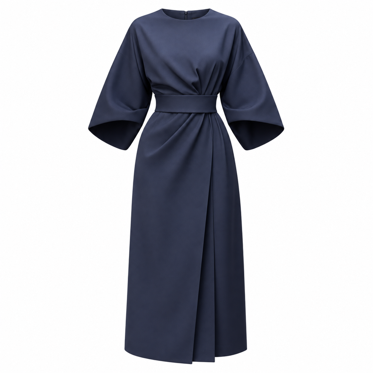 Clara Midi Dress — Draped Waist — Navy Blue — product only on white background — en-p2-m23