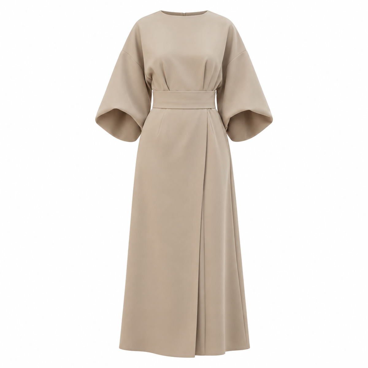 Clara Midi Dress — Draped Waist — Beige — product only on white background — en-p2-m24