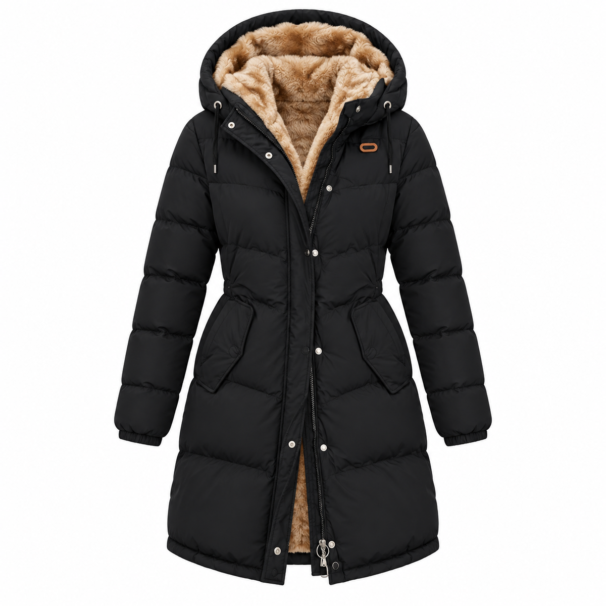 Ronja Puffer Coat — Adjustable Waist — Black — product only on white background — en-p3-m8
