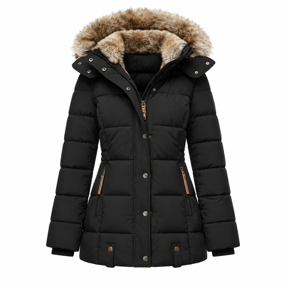 Lumi Puffer Jacket — Faux-Fur Hood — Black — product only on white background — en-p4-m10