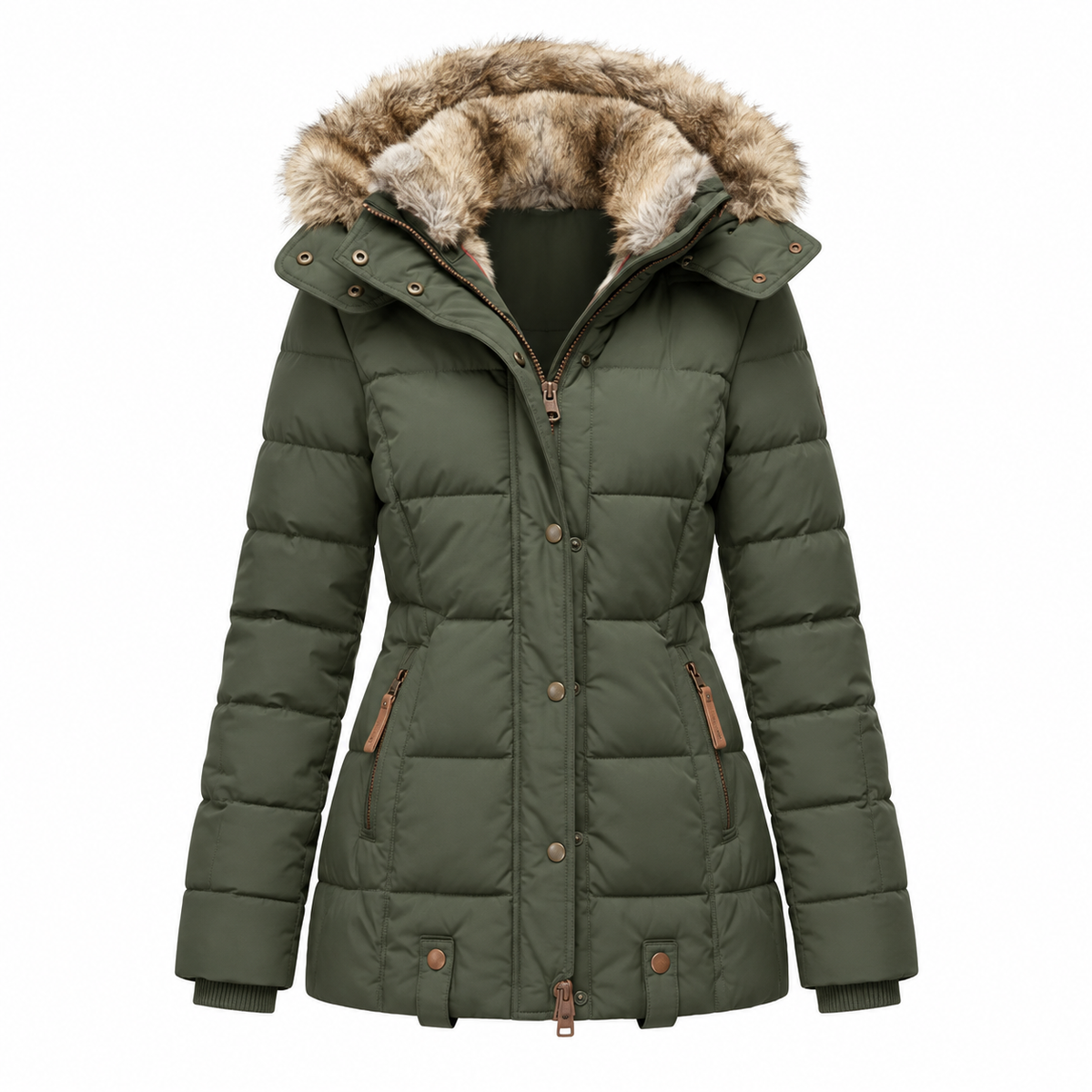 Lumi Puffer Jacket — Faux-Fur Hood — Green — product only on white background — en-p4-m11