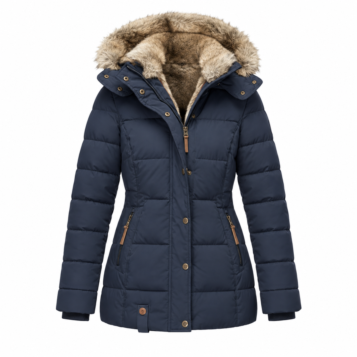 Lumi Puffer Jacket — Faux-Fur Hood — Blue — product only on white background — en-p4-m13