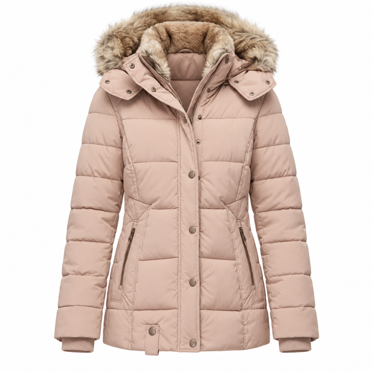 Lumi Puffer Jacket — Faux-Fur Hood — Pink — product only on white background — en-p4-m14