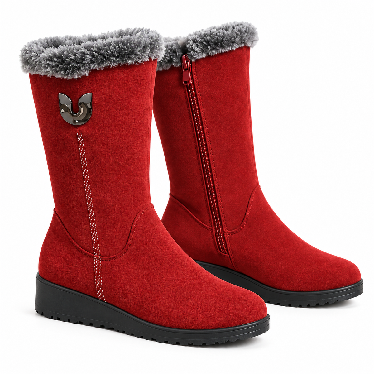 Yrsa Boots — Faux-Fur Cuffs — Red product only on white [en-p6-m8]