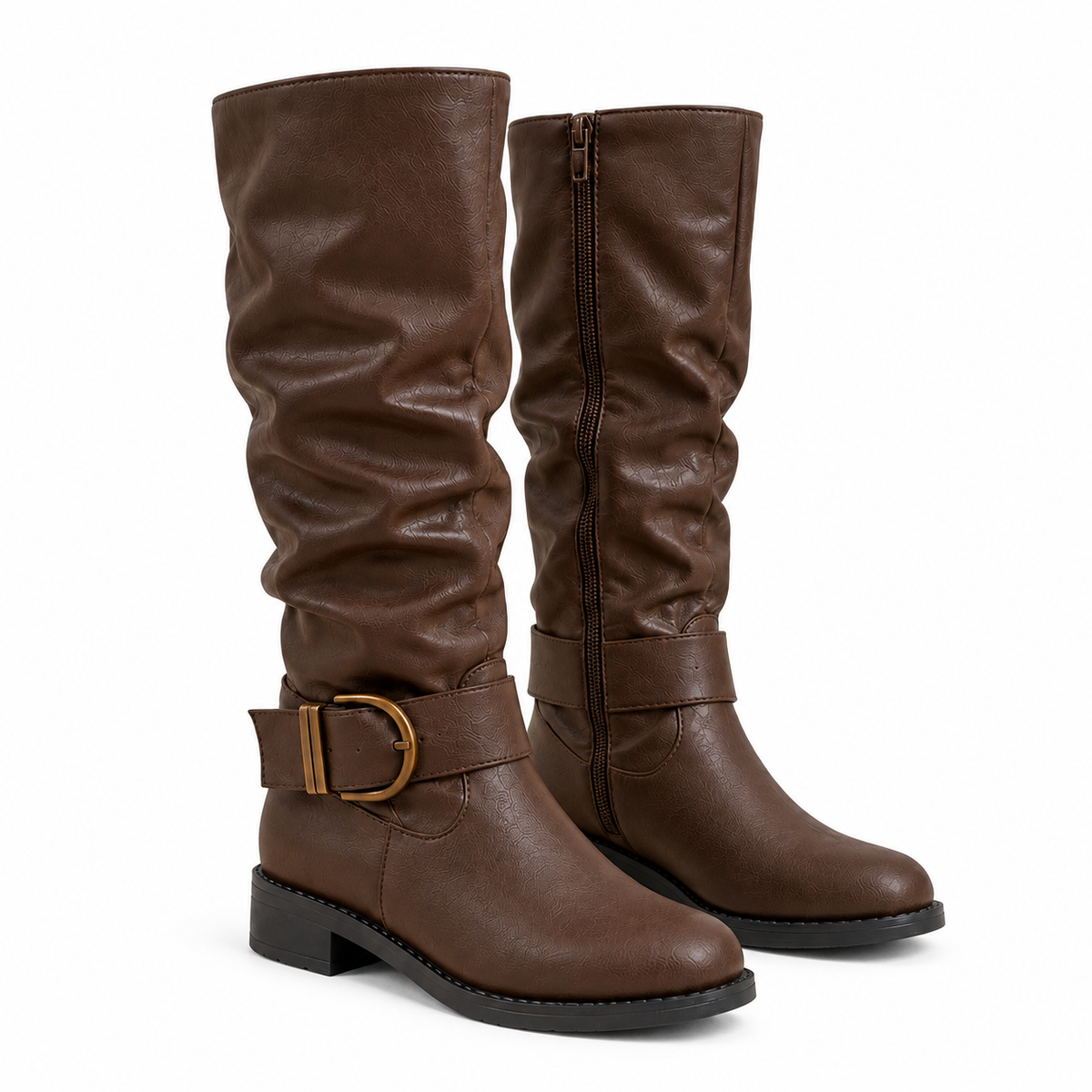 Sigrid Boots — Knee-High Buckle — Brown product only on white [en-p7-m5]