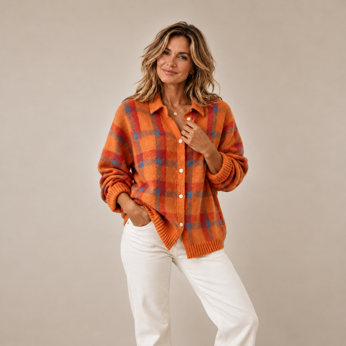 Tessa Cardigan — Checked Knit — gallery view 1, square [en-p11-m0]