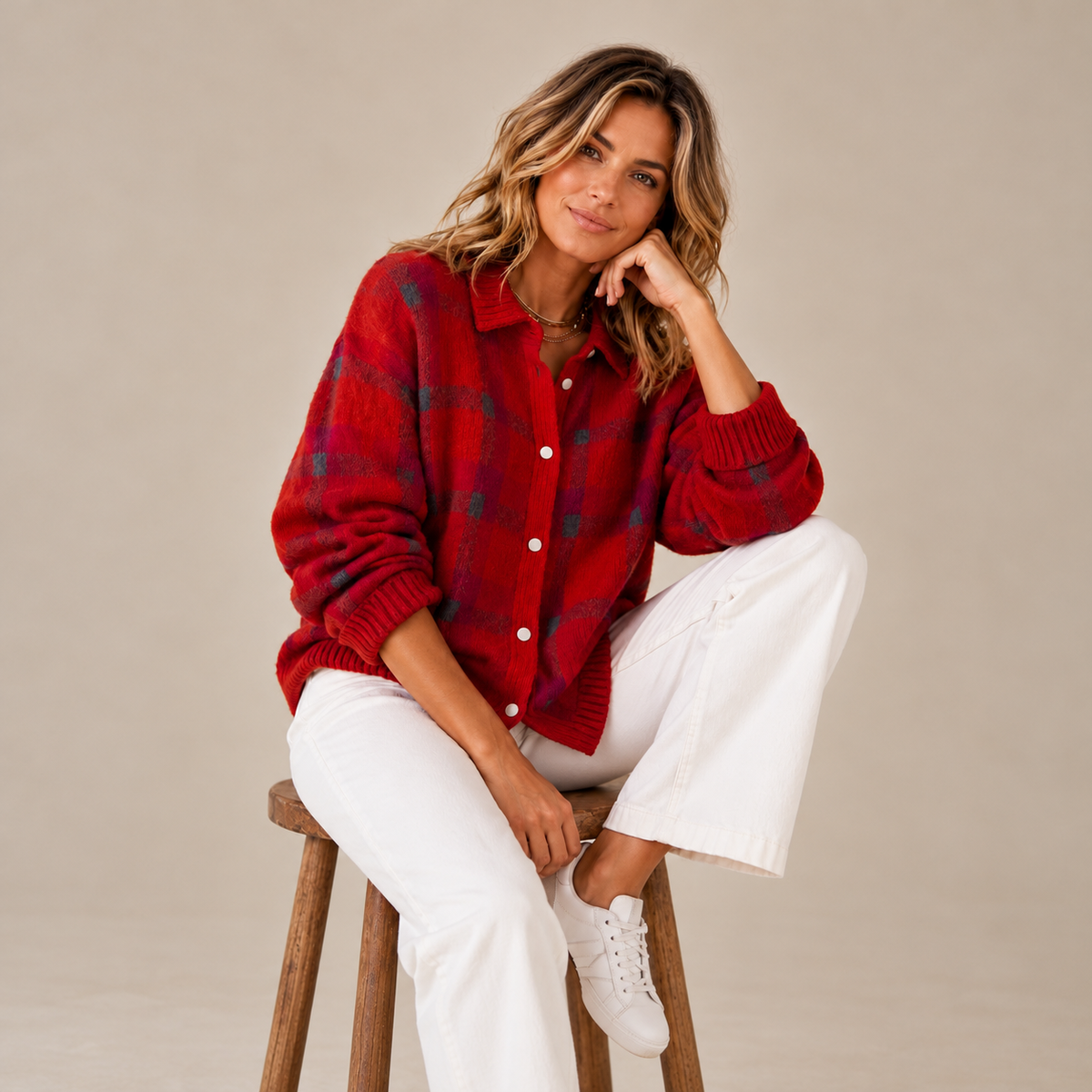 Tessa Cardigan — Checked Knit — gallery view 2, square [en-p11-m1]