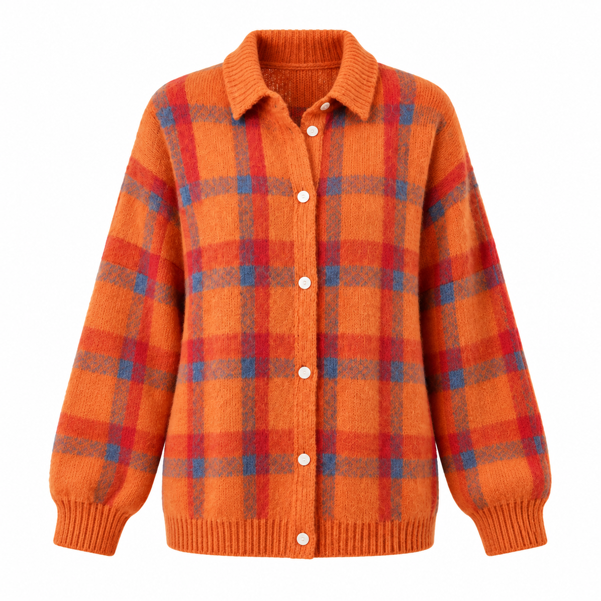 Tessa Cardigan — Checked Knit — Orange product only on white [en-p11-m7]