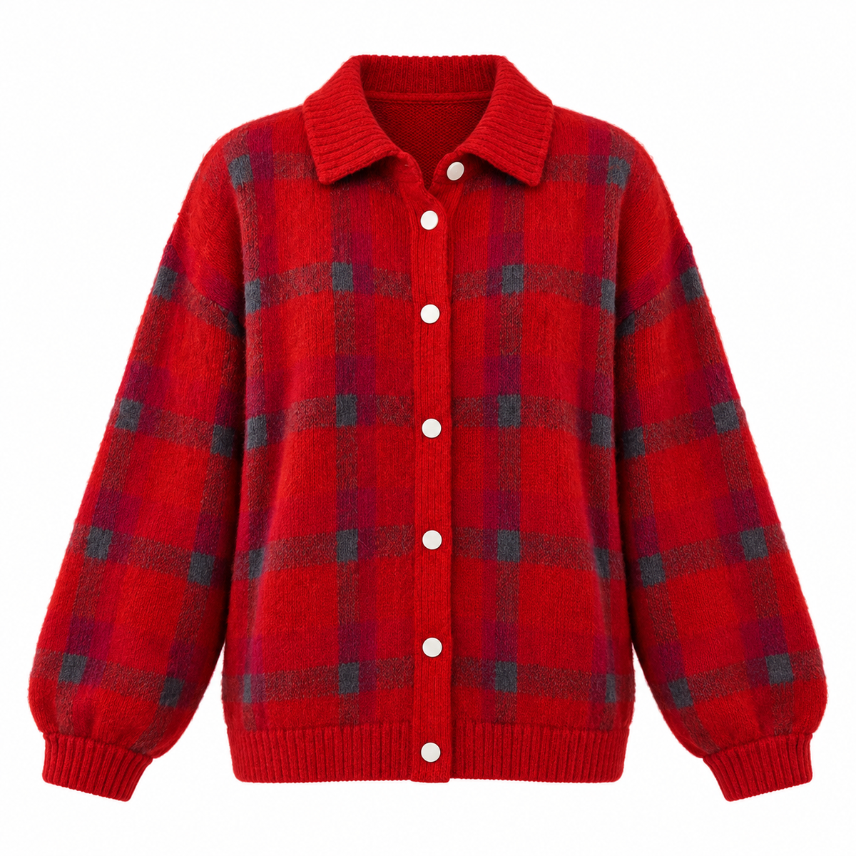 Tessa Cardigan — Checked Knit — Red product only on white [en-p11-m8]