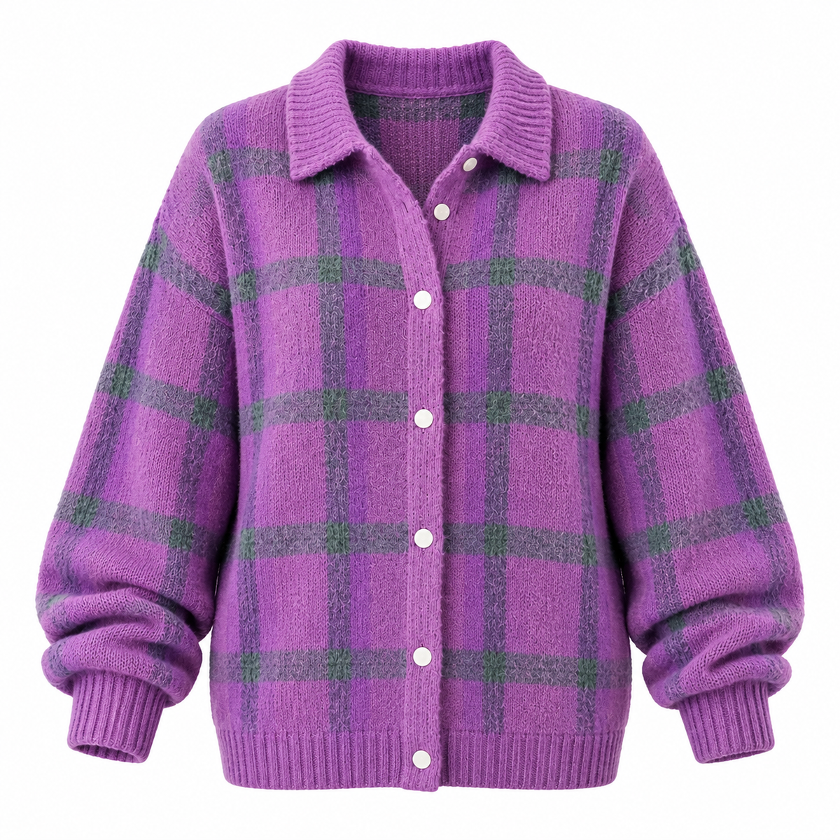Tessa Cardigan — Checked Knit — Purple product only on white [en-p11-m10]