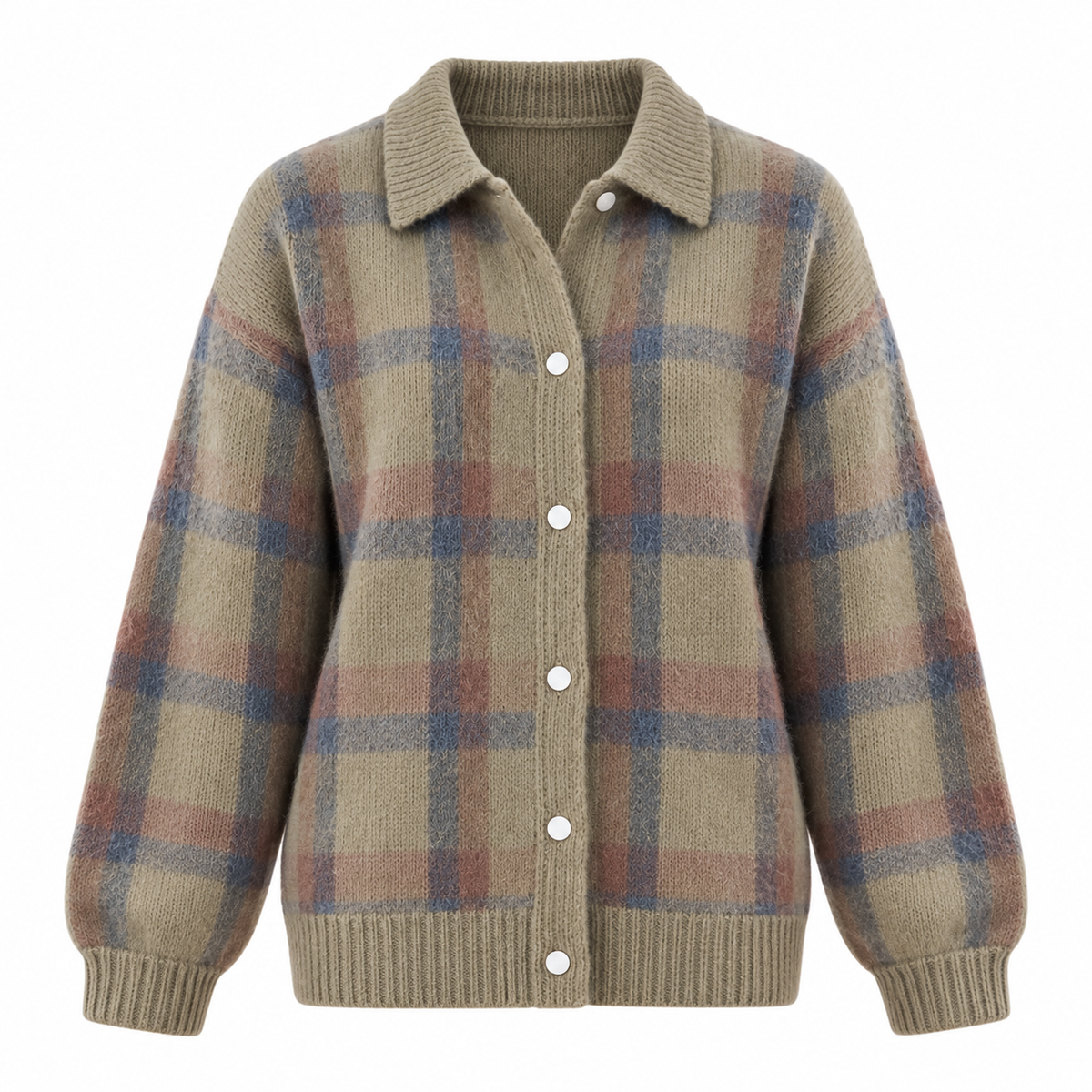 Tessa Cardigan — Checked Knit — Brown product only on white [en-p11-m11]