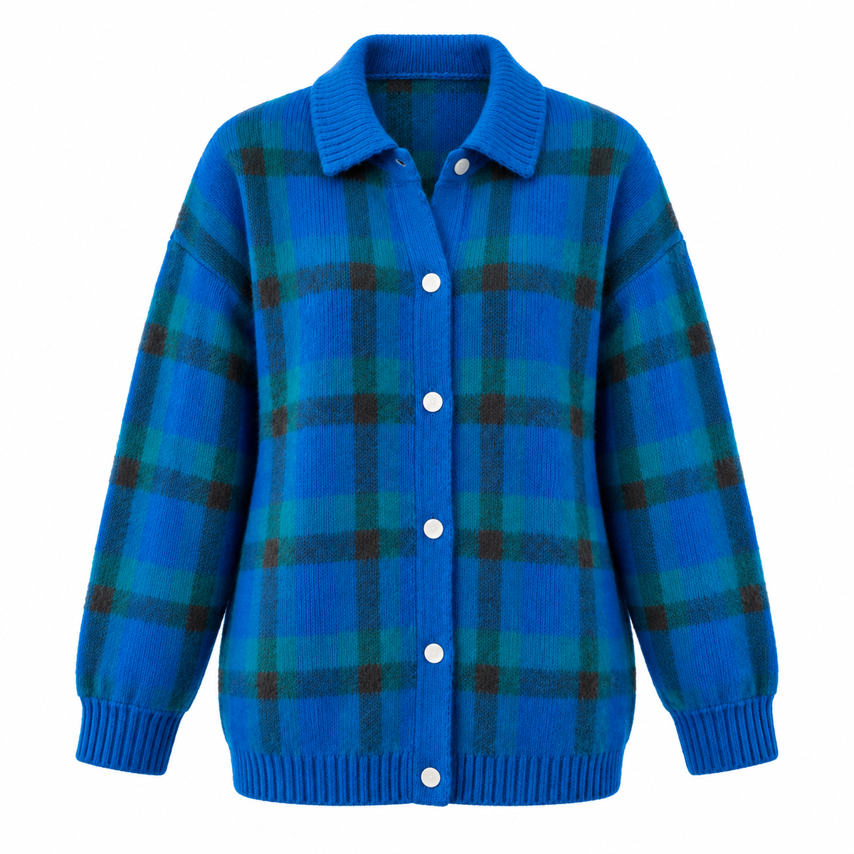 Tessa Cardigan — Checked Knit — Blue product only on white [en-p11-m12]