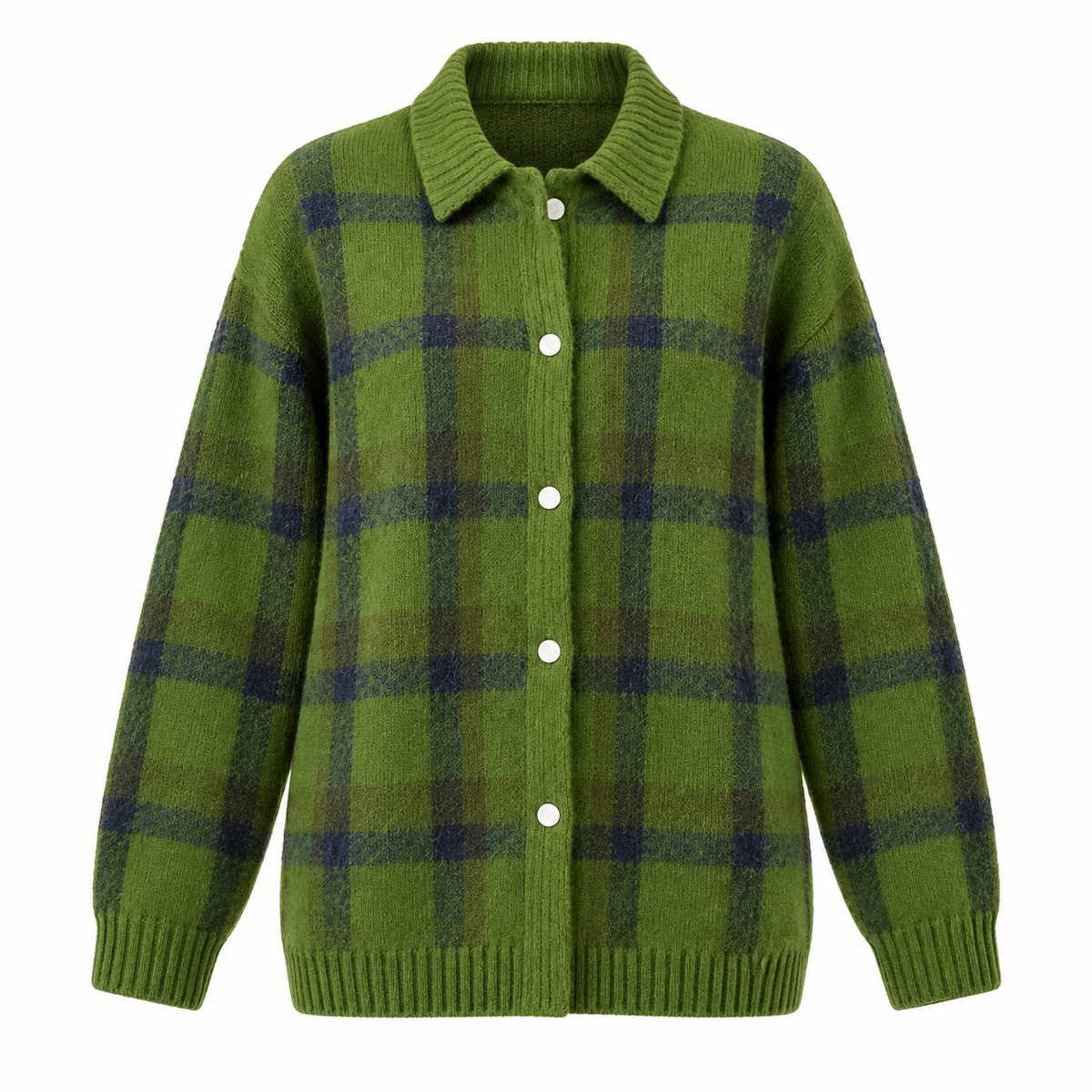 Tessa Cardigan — Checked Knit — Green product only on white [en-p11-m13]