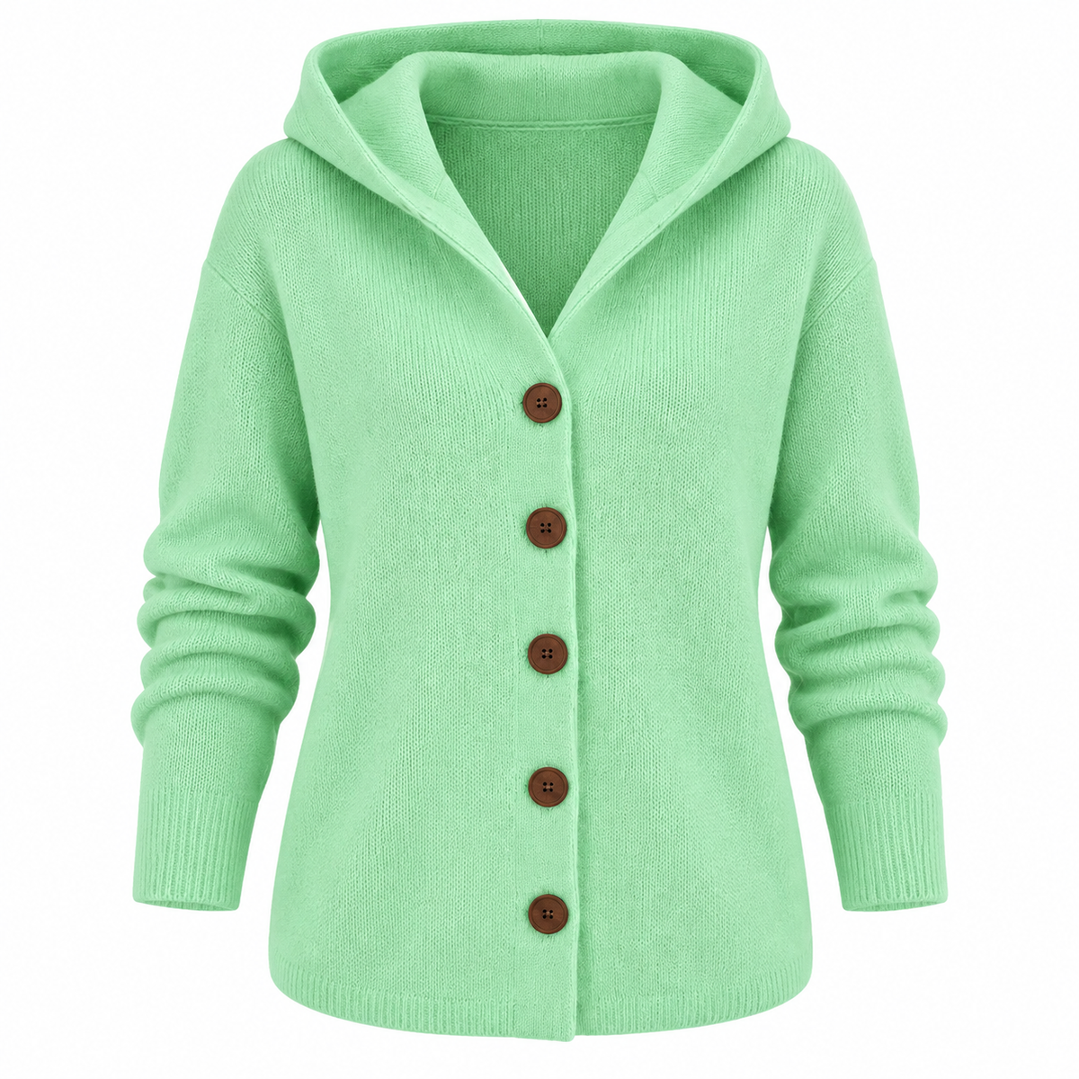 Alma Cardigan — Hooded Button Front — Green — product only on white background — en-p13-m12