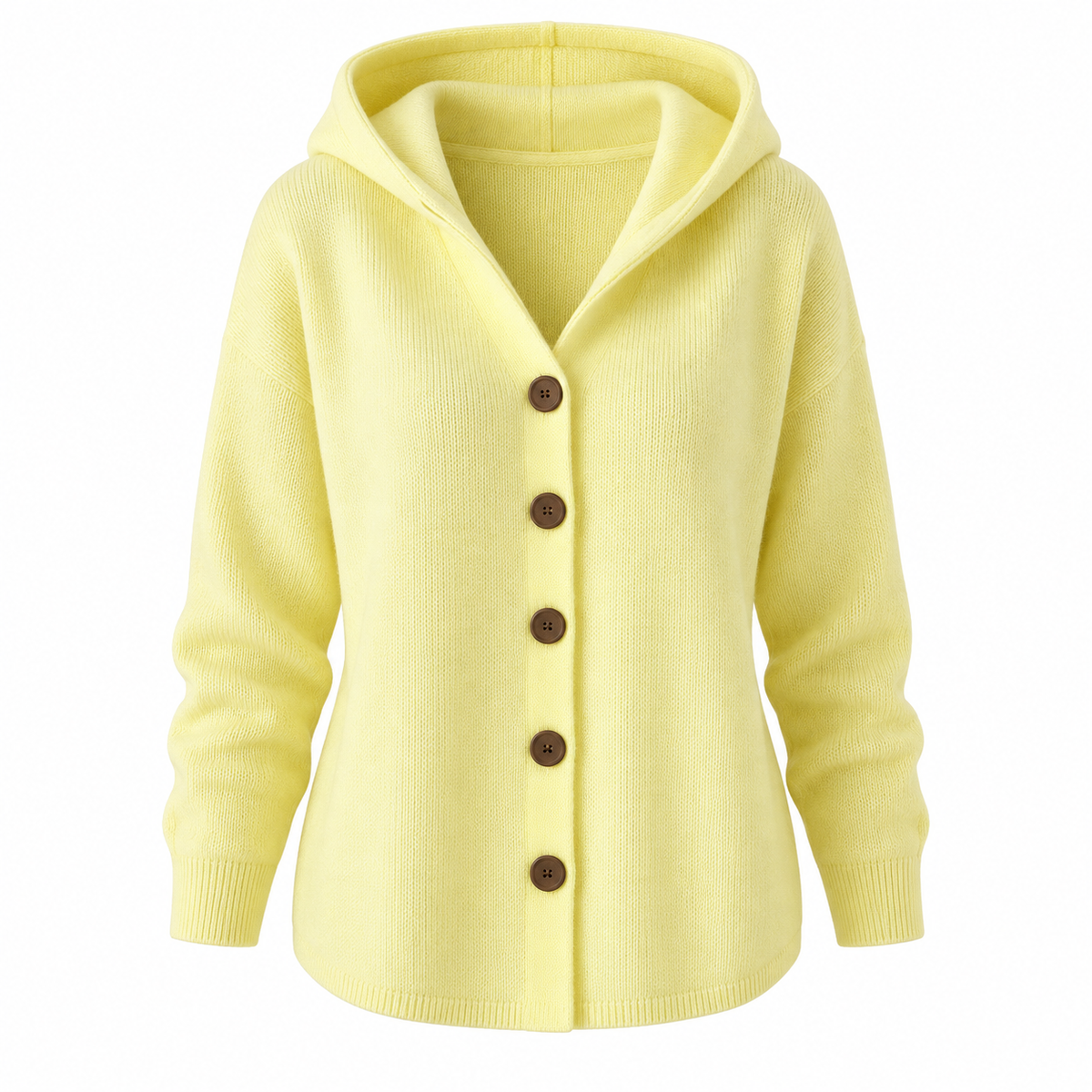 Alma Cardigan — Hooded Button Front — Yellow — product only on white background — en-p13-m14