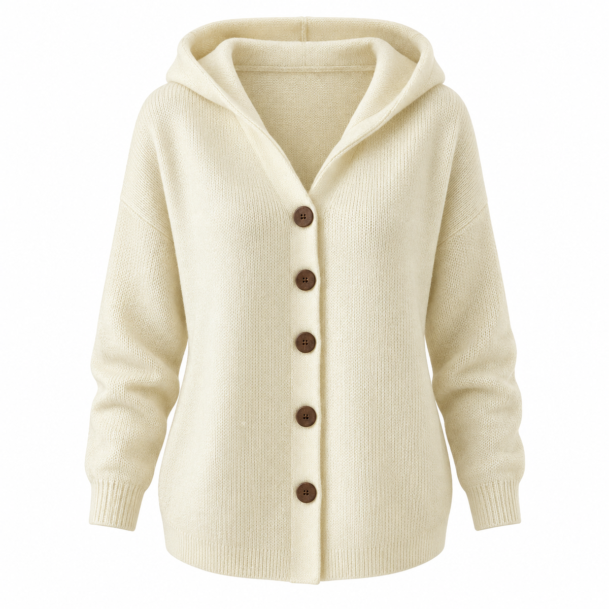 Alma Cardigan — Hooded Button Front — Beige — product only on white background — en-p13-m15