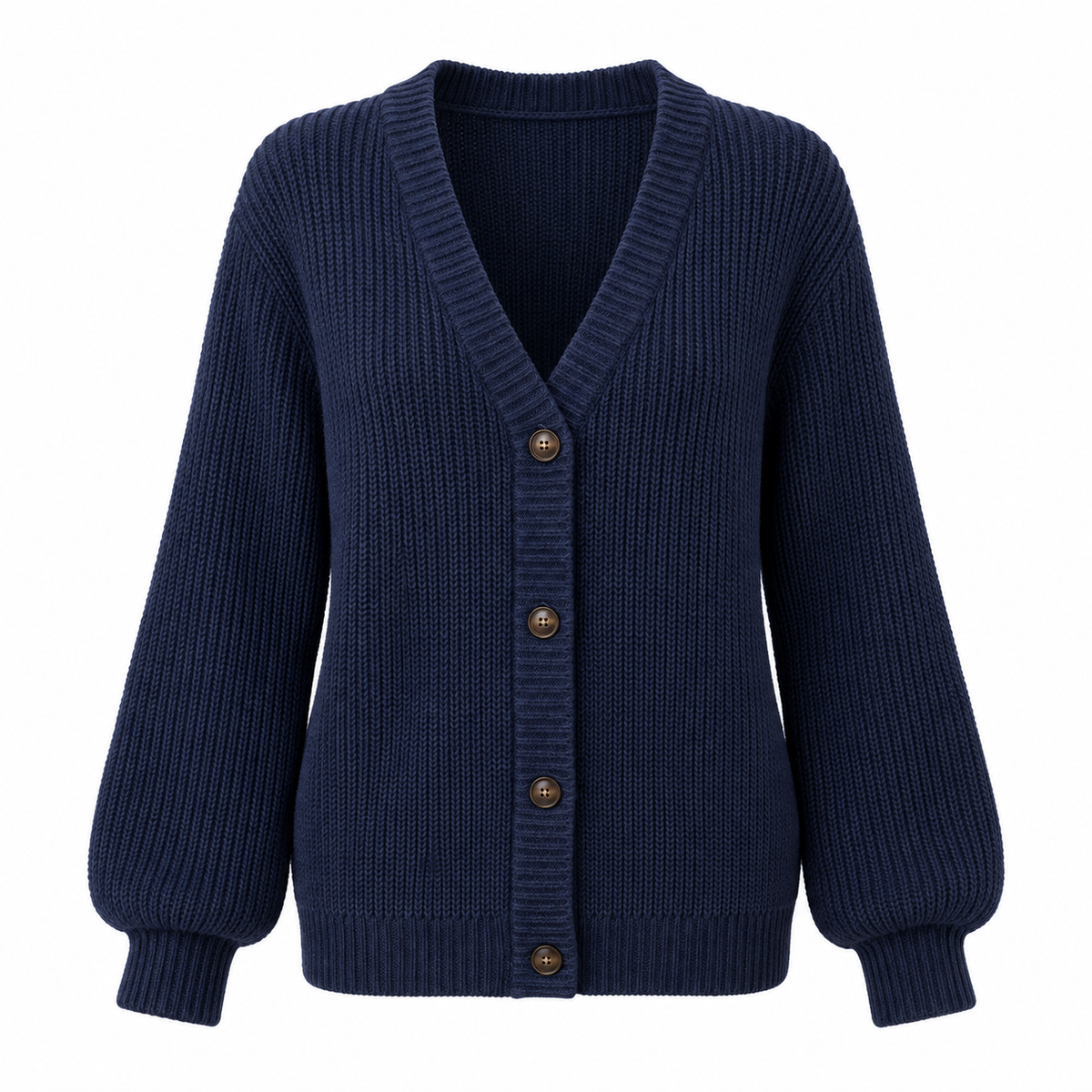 Linnea Cardigan — Buttoned V Neck — Navy — product on white background — en-p18-m18