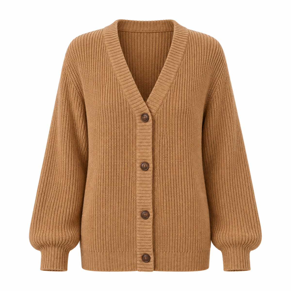 Linnea Cardigan — Buttoned V Neck — Camel — product on white background — en-p18-m19